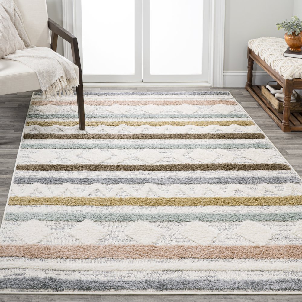 Faiza Moroccan Striped Geometric High-Low Area Rug. Picture 4