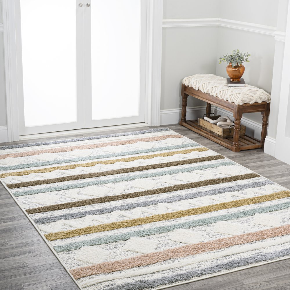 Faiza Moroccan Striped Geometric High-Low Area Rug. Picture 5
