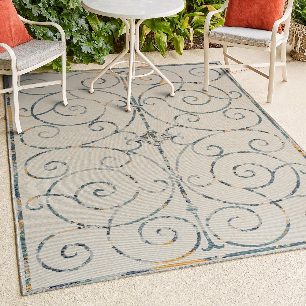 Cottage Filigree Scroll Reversible Machine-Washable Indoor/Outdoor Runner Rug. Picture 4