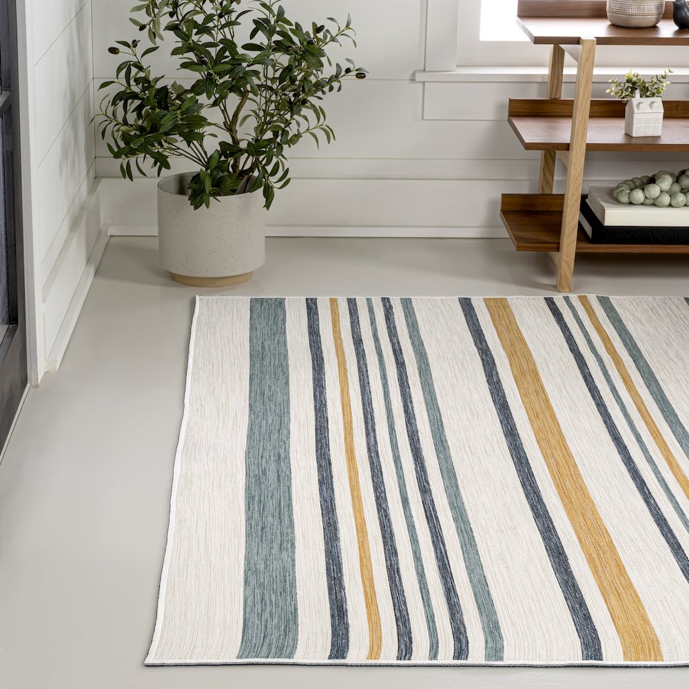 Coastal Ticking Stripe Reversible Machine-Washable Indoor/Outdoor Runner Rug. Picture 1