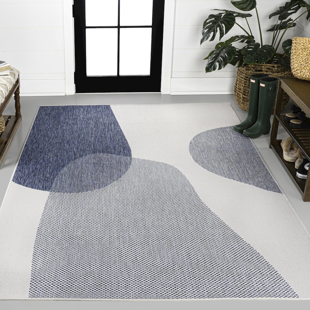 Geometric Organic Shapes Cream/Navy 3 ft. x 5 ft. Indoor/Outdoor Area Rug. Picture 2