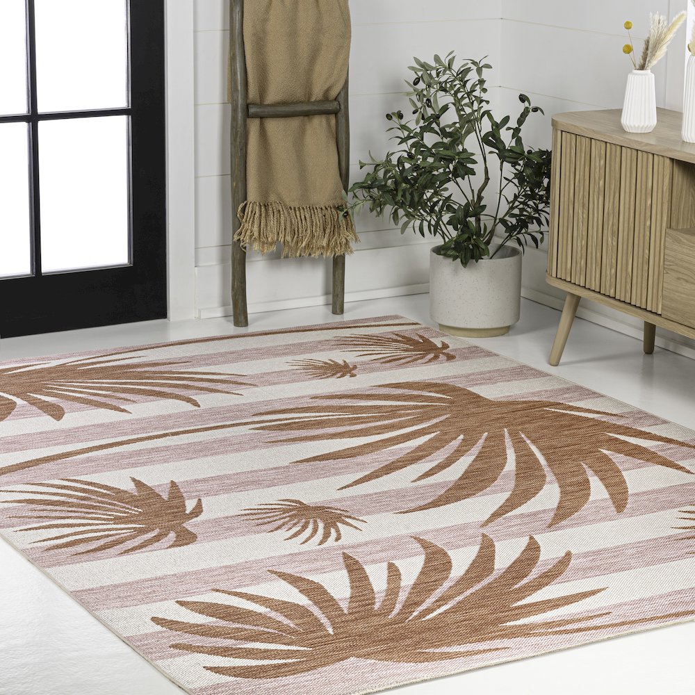 and Palm Leaf Pink/Cream 4 ft. x 6 ft. Indoor/Outdoor Area Rug. Picture 3