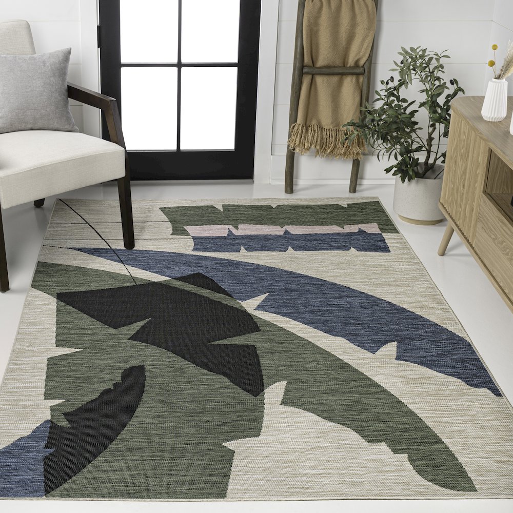 Palm Leaf Navy/Cream 3 ft. x 5 ft. Indoor/Outdoor Area Rug. Picture 2