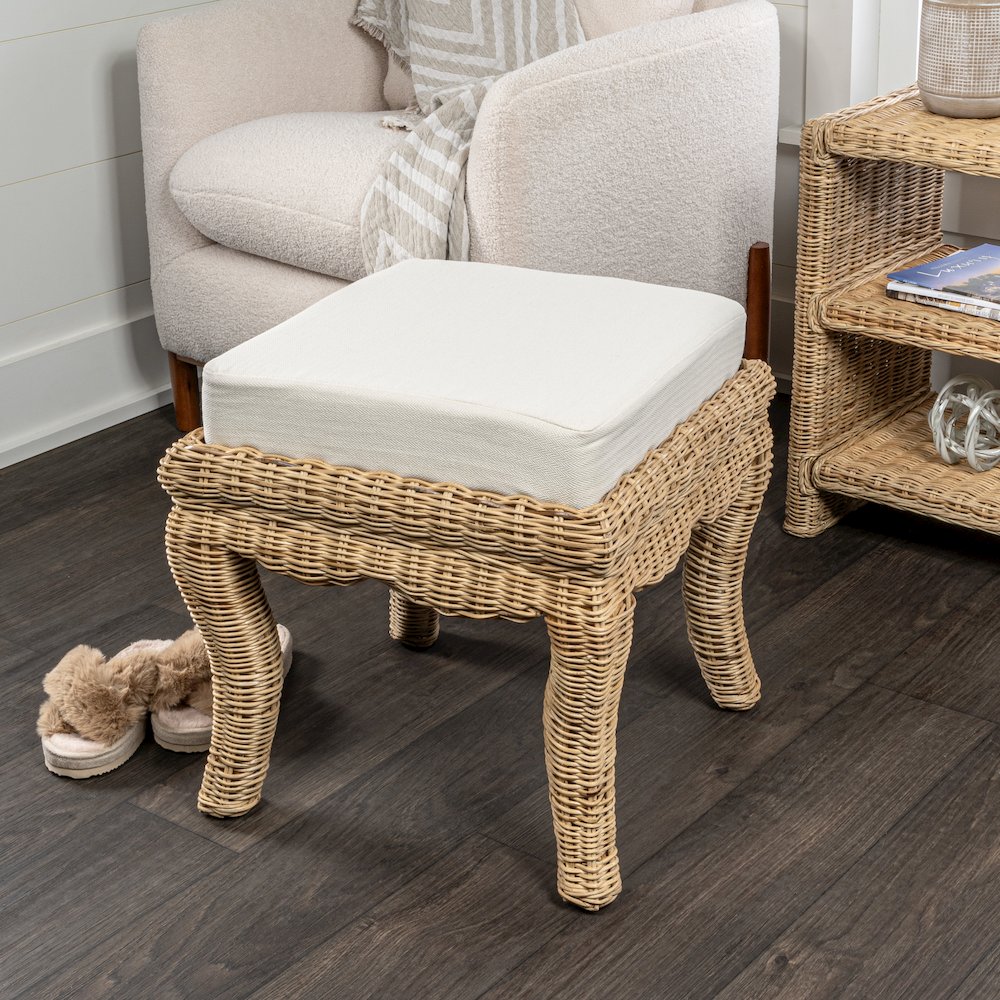 Rowan Bohemian Designer Woven Rattan/Wood Vanity Stool. Picture 3
