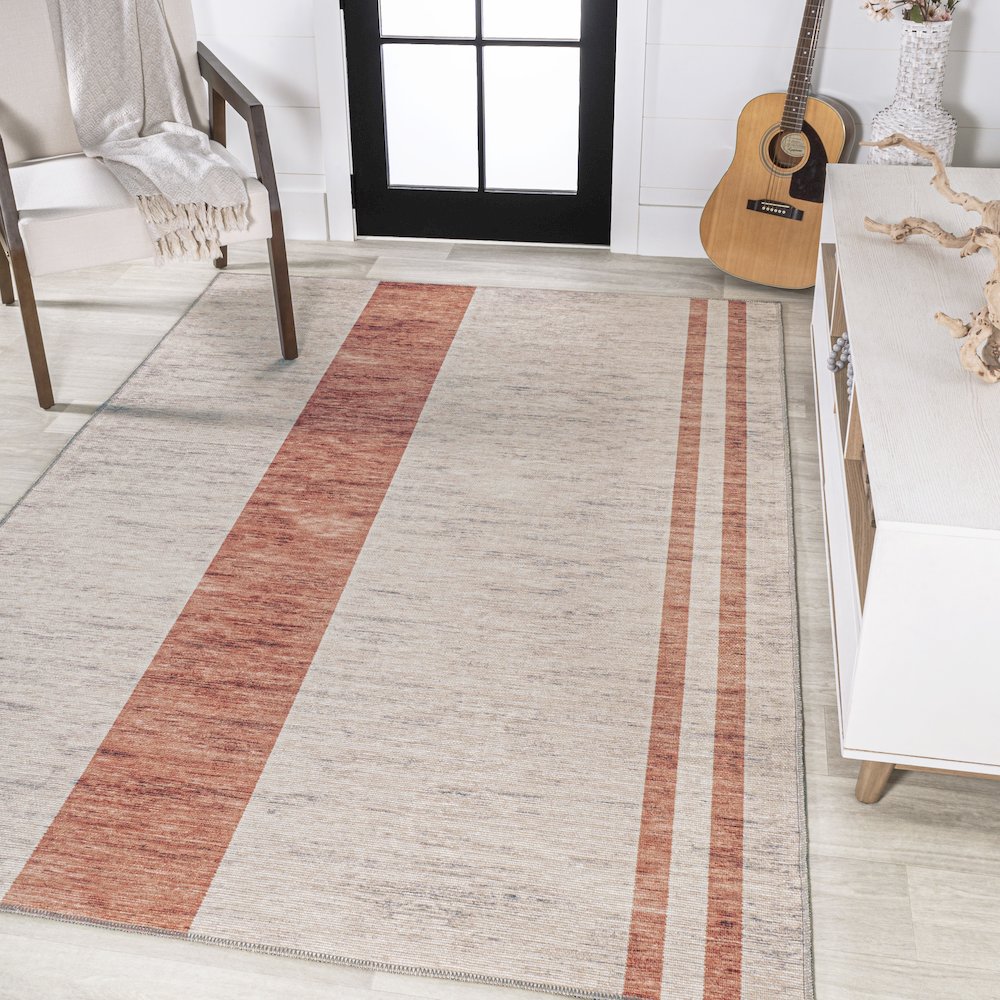 Raita Modern Distressed Stripe Machine Washable Area Rug. Picture 2