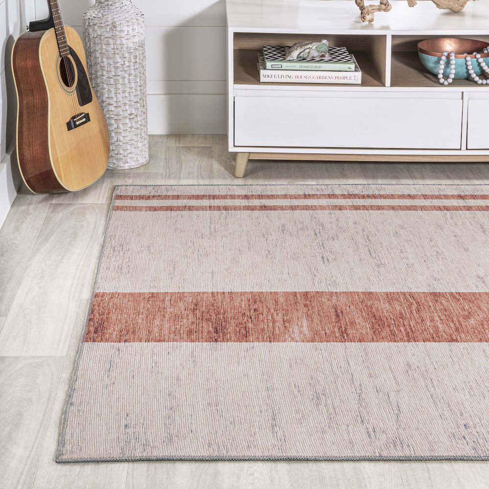 Raita Modern Distressed Stripe Machine Washable Area Rug. Picture 3
