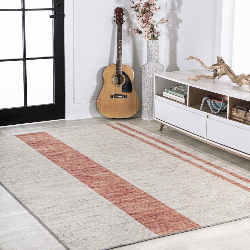 Raita Modern Distressed Stripe Machine Washable Area Rug. Picture 5