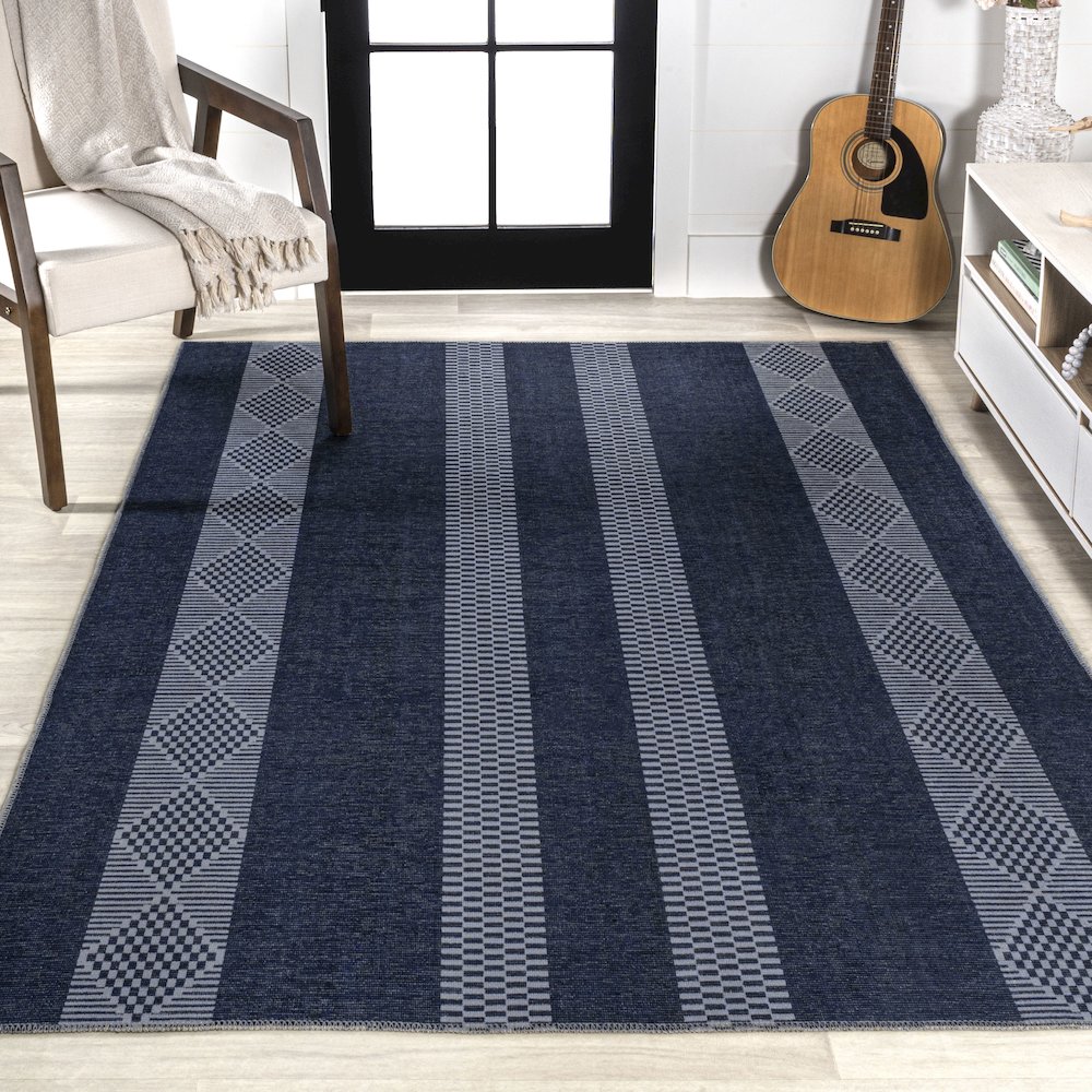 Nautisk Trellis Stripe Machine Washable Area Rug. Picture 4