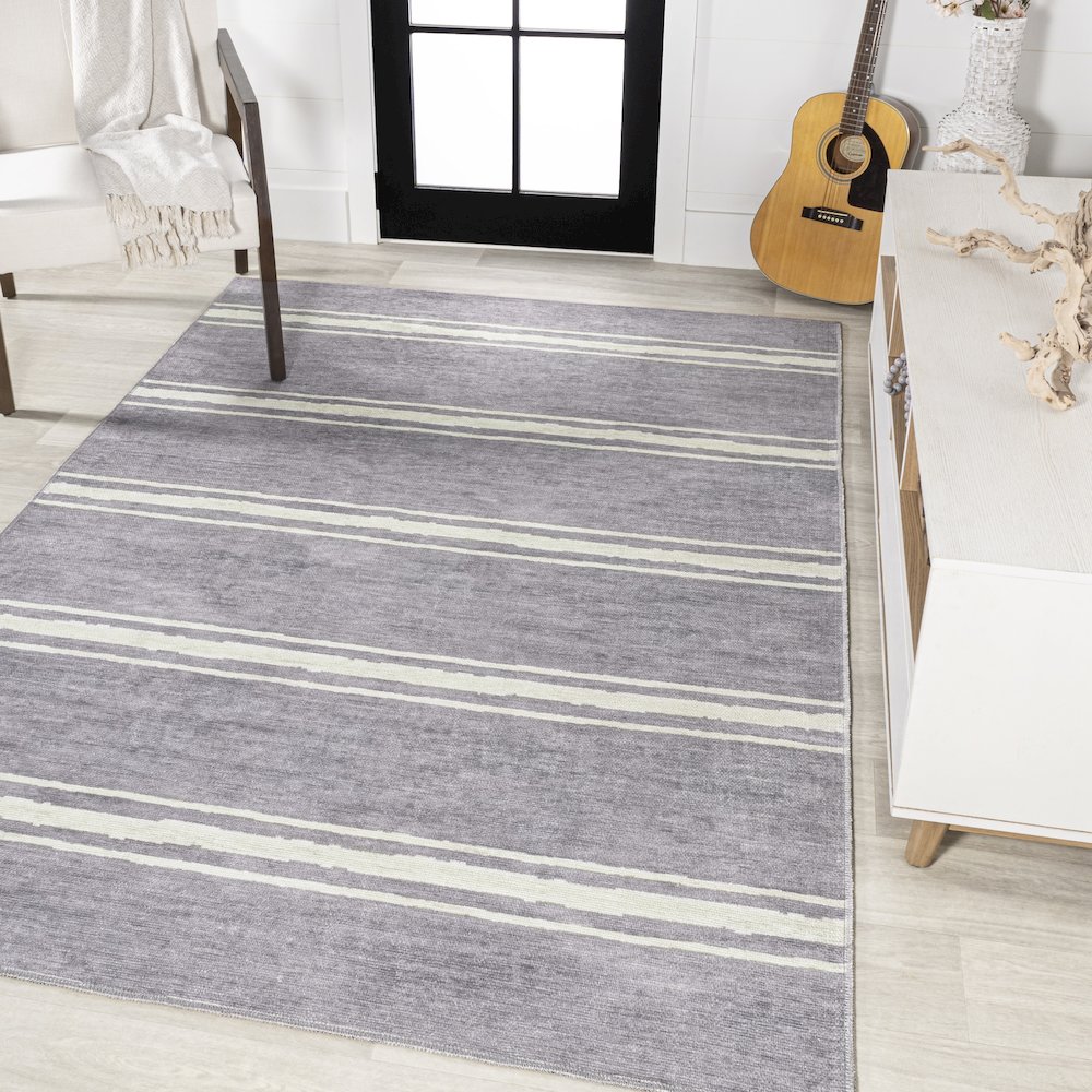 Bande Distressed Ticking Stripe Machine Washable Area Rug. Picture 2