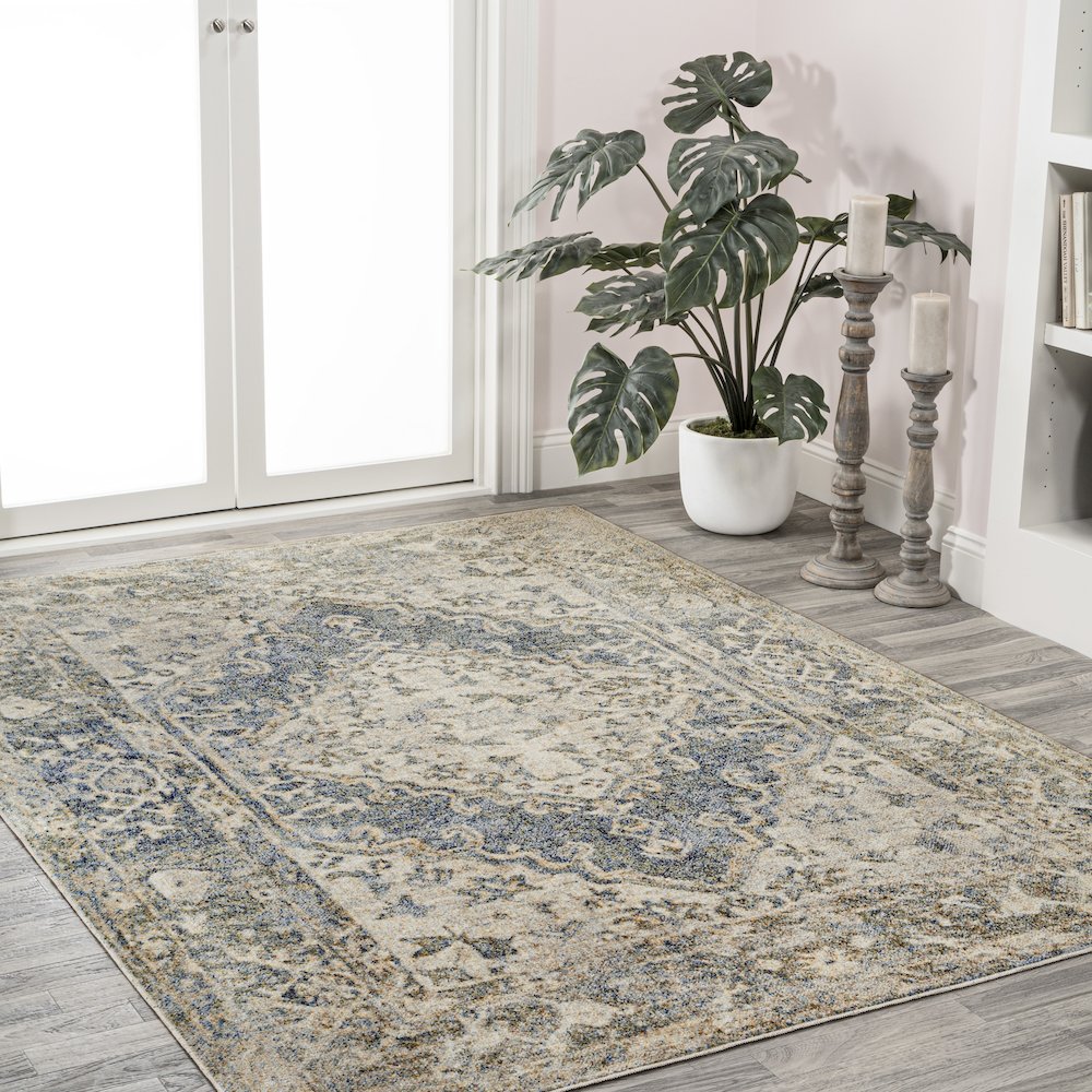 Pavel Distressed Medallion Low-Pile Machine-Washable Area Rug. Picture 3