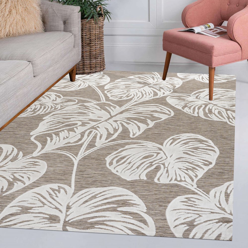 Tobago High-Low Two Tone Monstera Leaf Area Rug. Picture 10