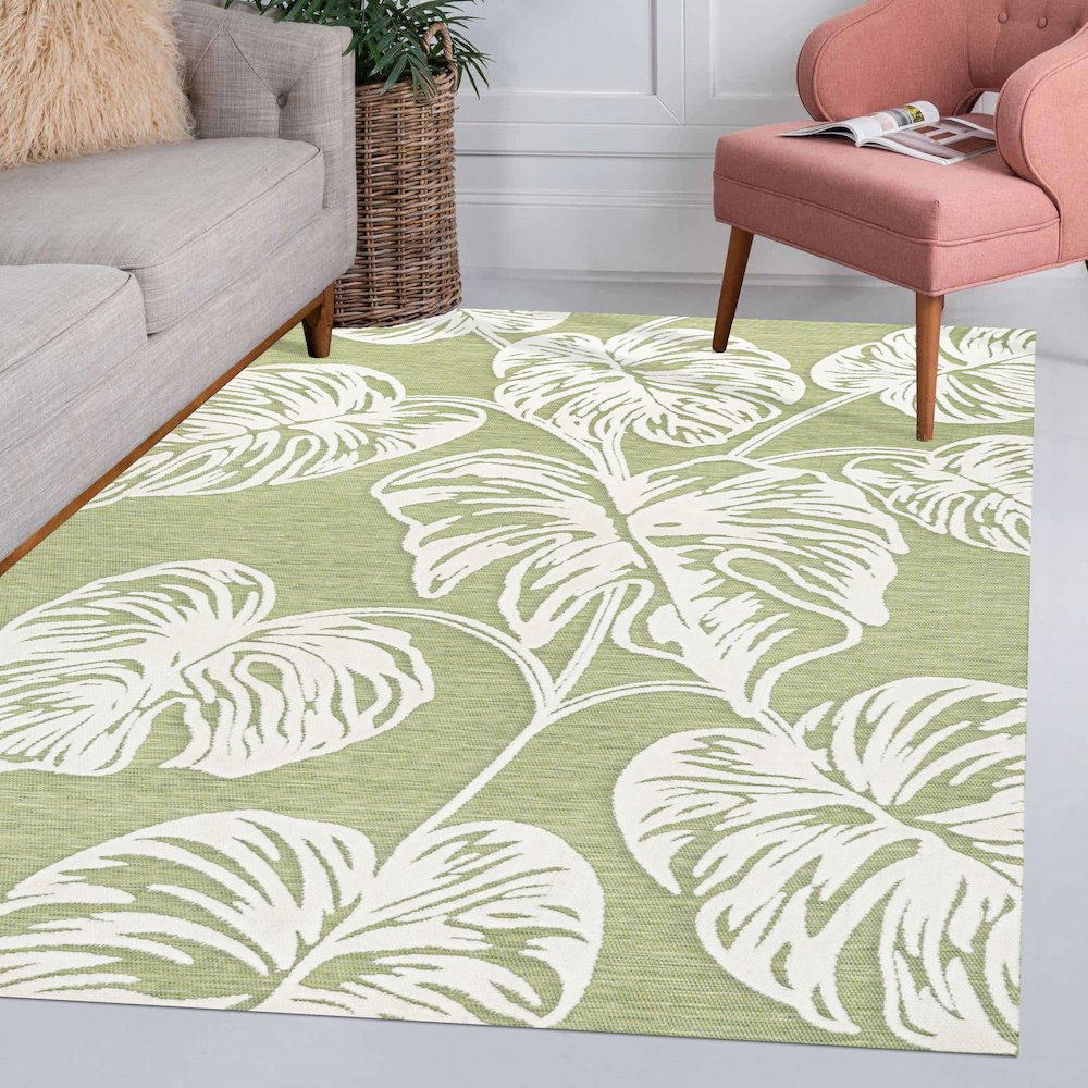 Tobago High-Low Two Tone Monstera Leaf Area Rug. Picture 10