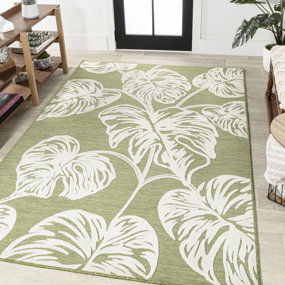 Tobago High-Low Two Tone Monstera Leaf Area Rug. Picture 2