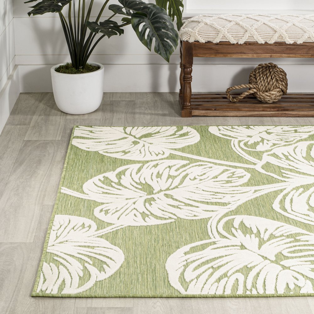 Tobago High-Low Two Tone Monstera Leaf Area Rug. Picture 3