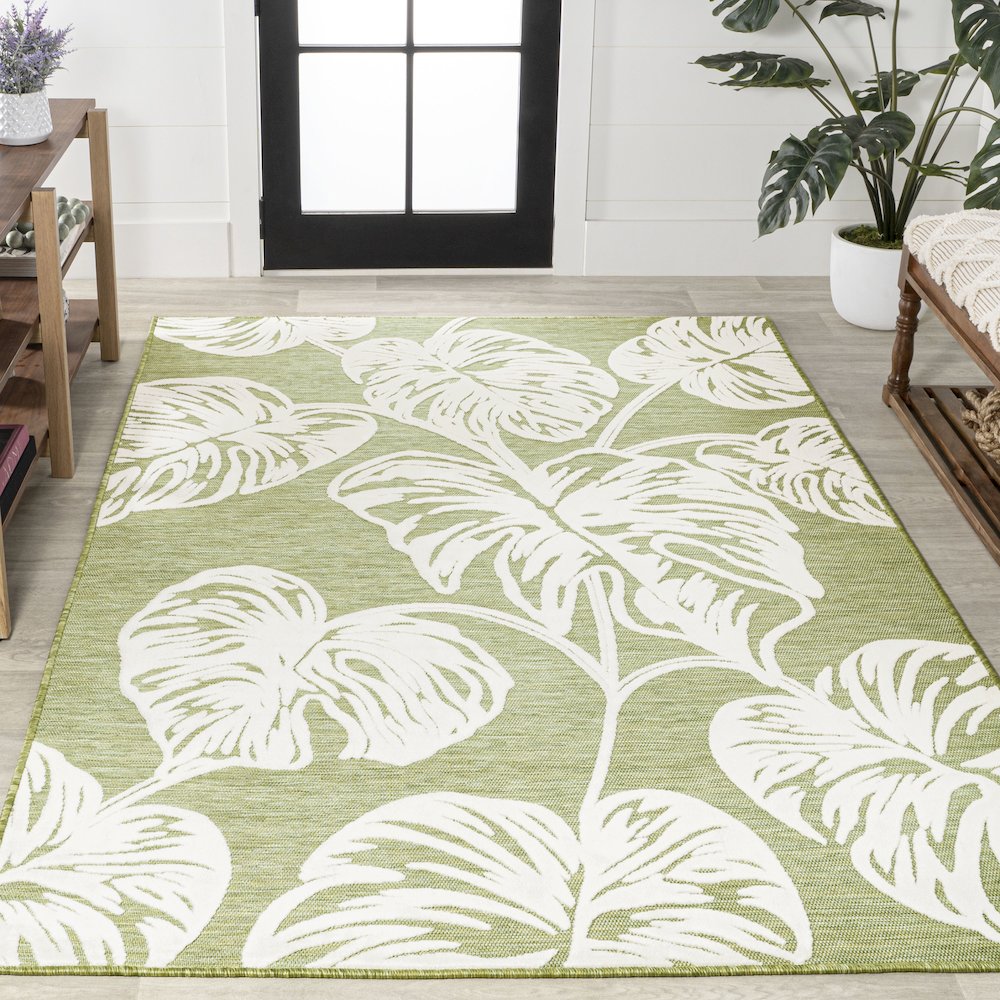 Tobago High-Low Two Tone Monstera Leaf Area Rug. Picture 4