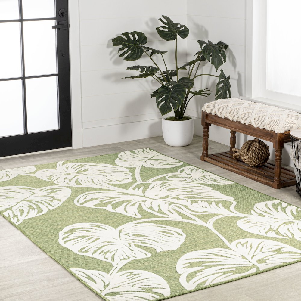 Tobago High-Low Two Tone Monstera Leaf Area Rug. Picture 5