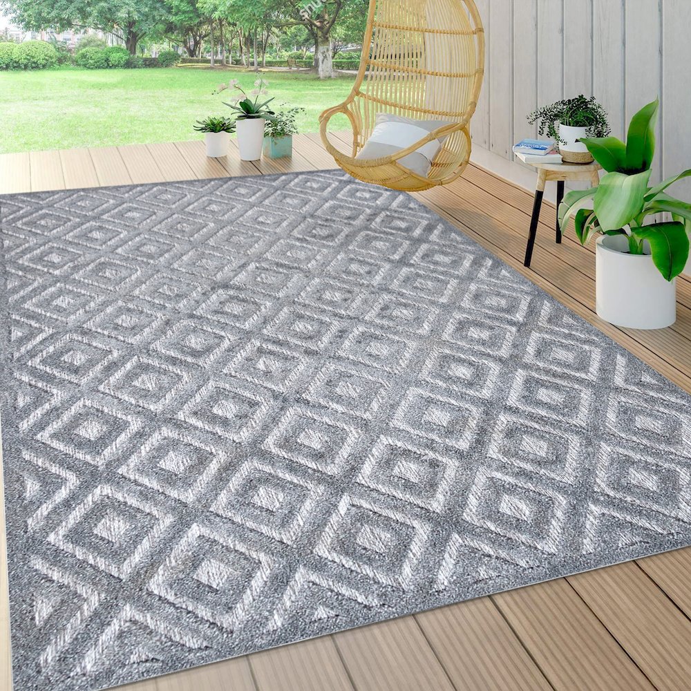 Portmany Neutral Diamond Trellis Indoor/Outdoor Area Rug. Picture 6