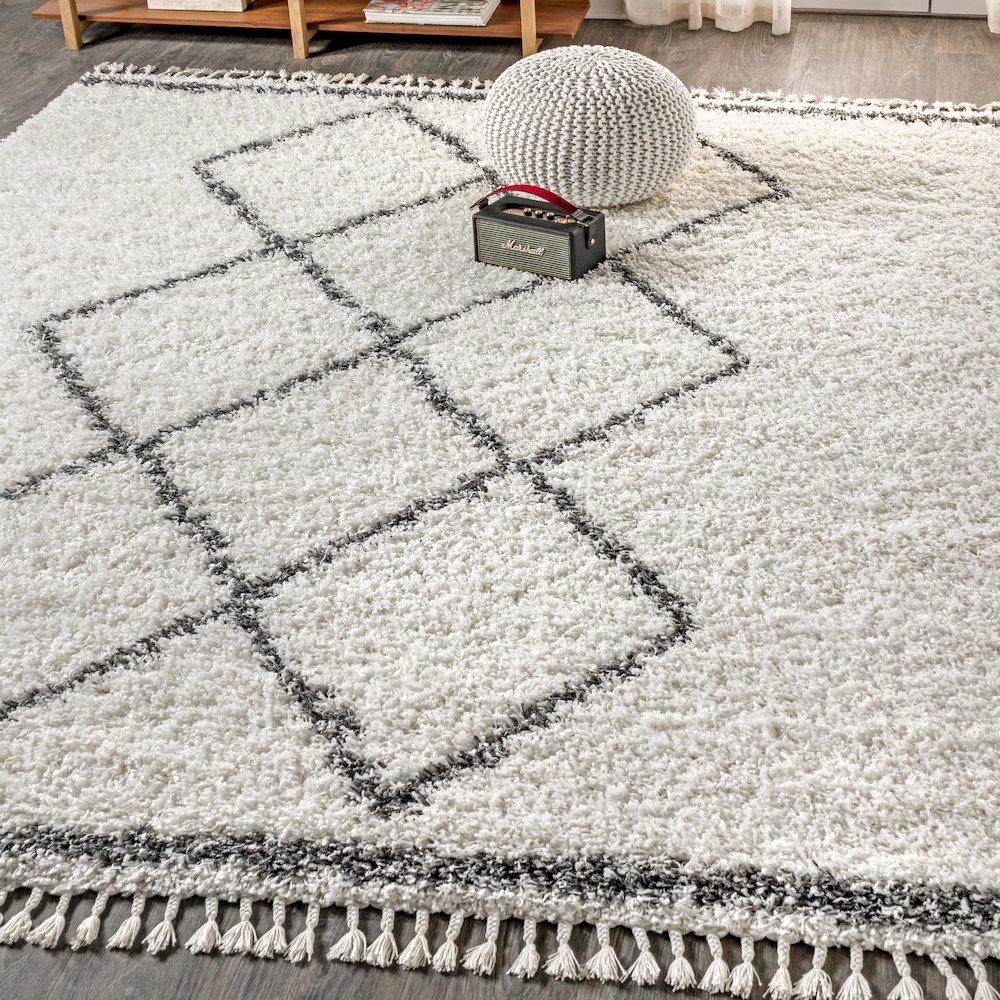 Beautiful Mercer Shag Plush Tassel Moroccan Tribal Geometric Trellis Area Rug. Picture 2