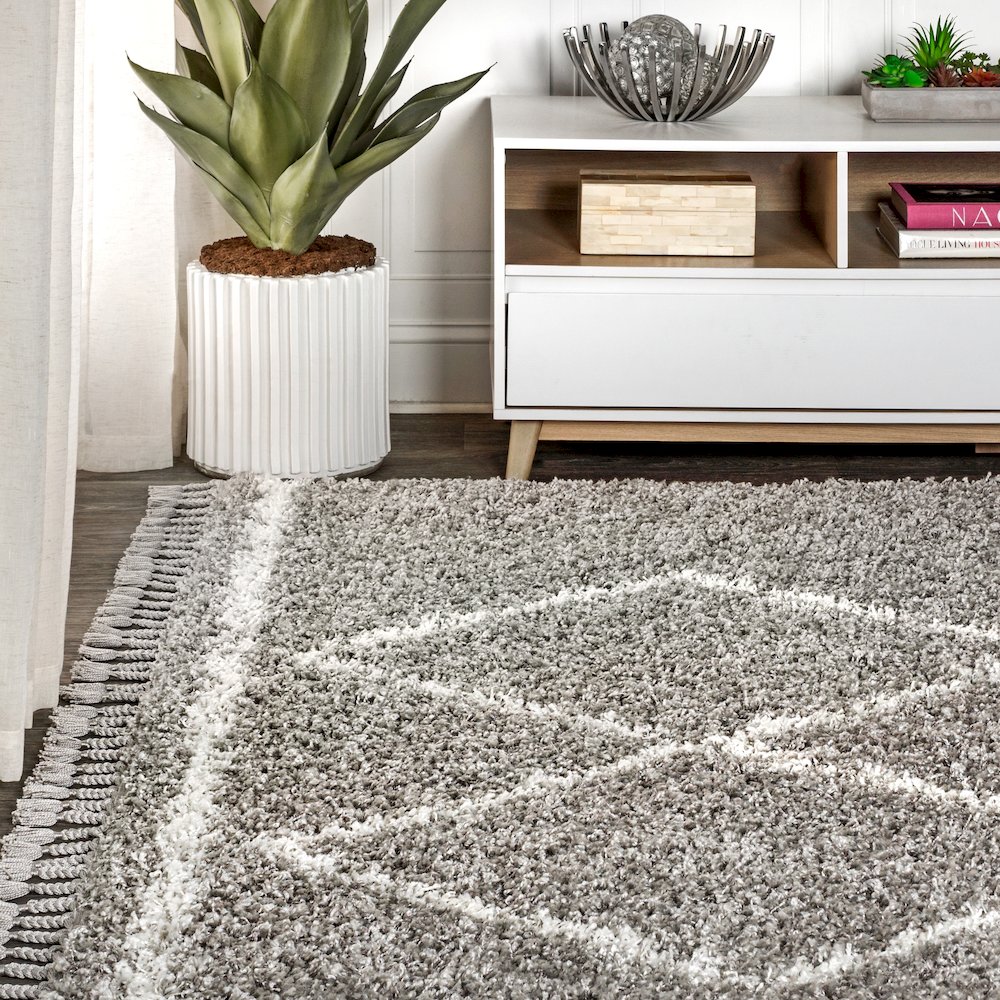 Beautiful Mercer Shag Plush Tassel Moroccan Tribal Geometric Trellis Area Rug. Picture 3