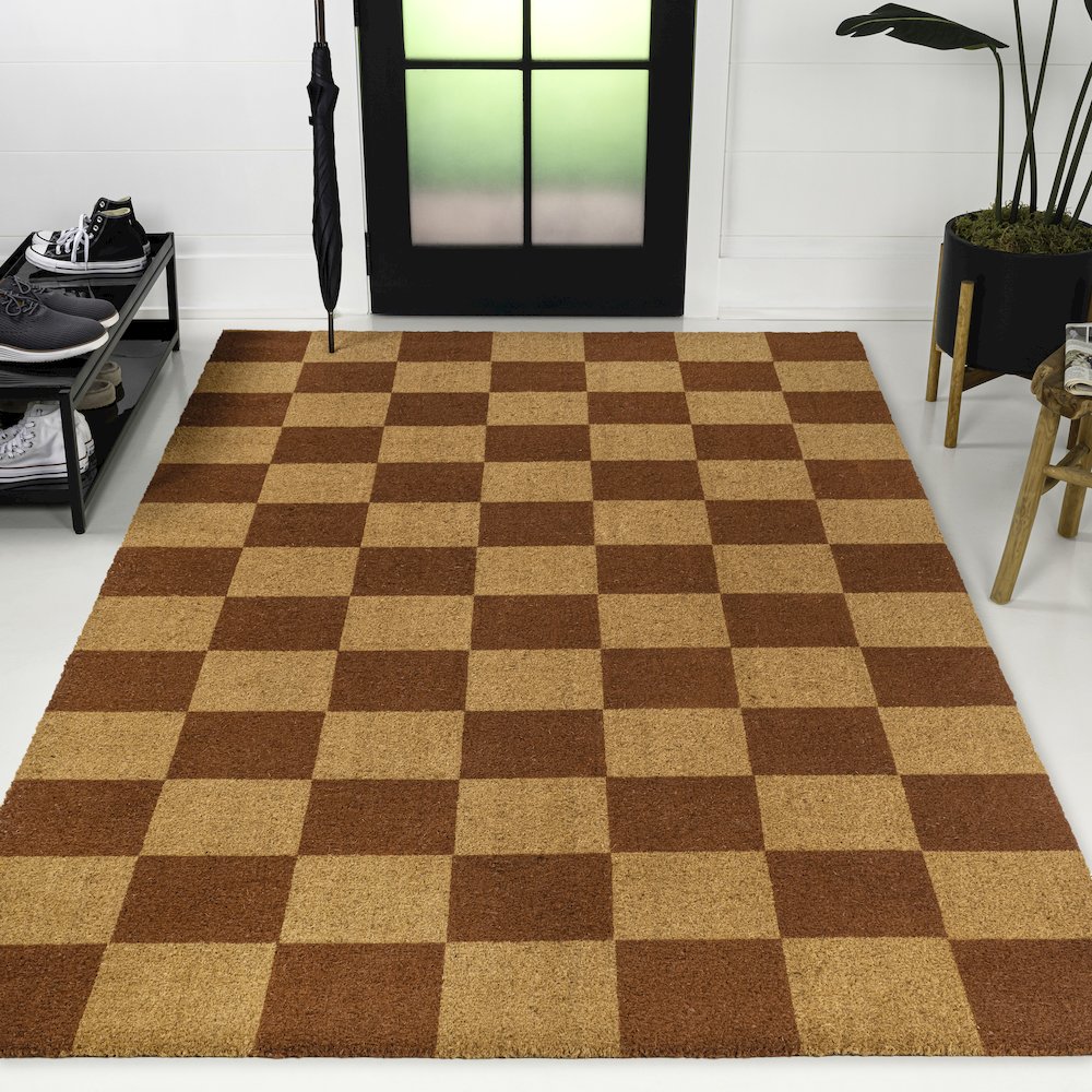Farmhouse Checkered Coir Natural/Red 5 ft. x 8 ft. Indoor/Outdoor Area Rug. Picture 5