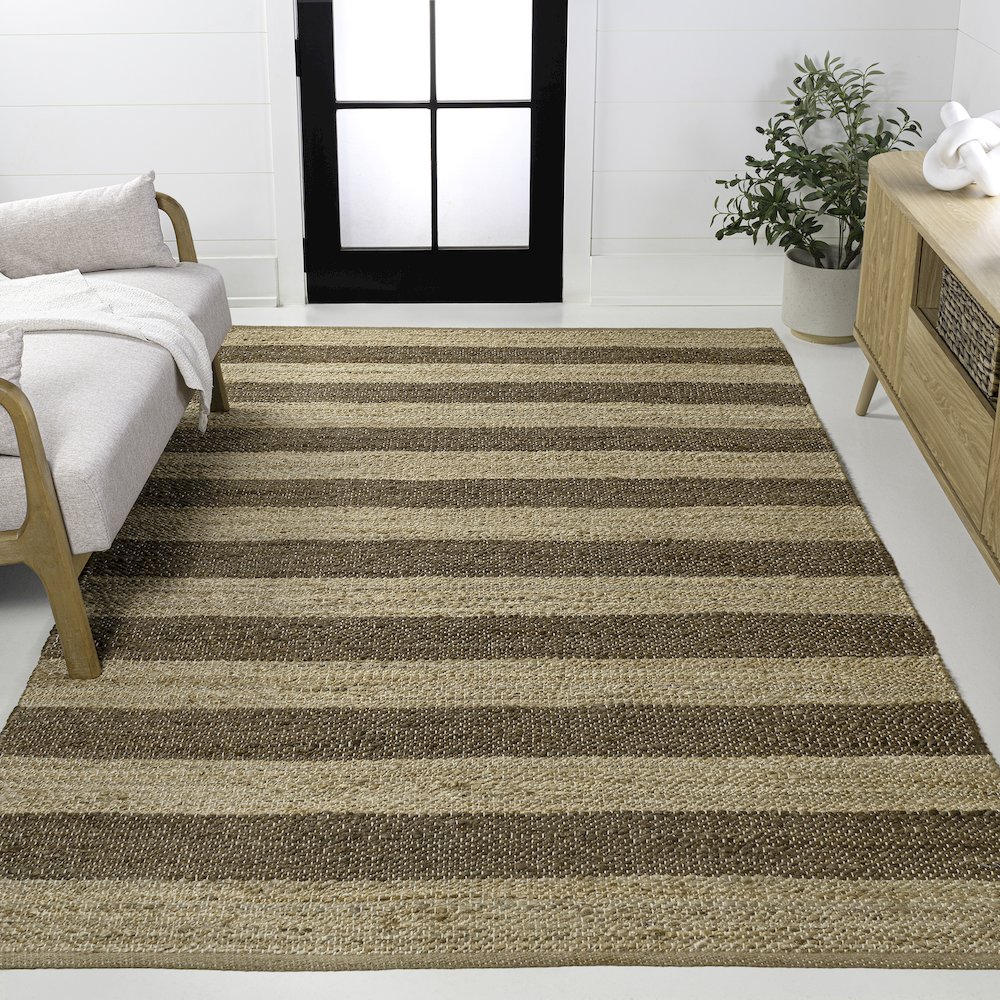 Jayden Rustic Farmhouse Woven Jute Stripe Natural/Brown 5 ft. x 8 ft. Area Rug. Picture 2