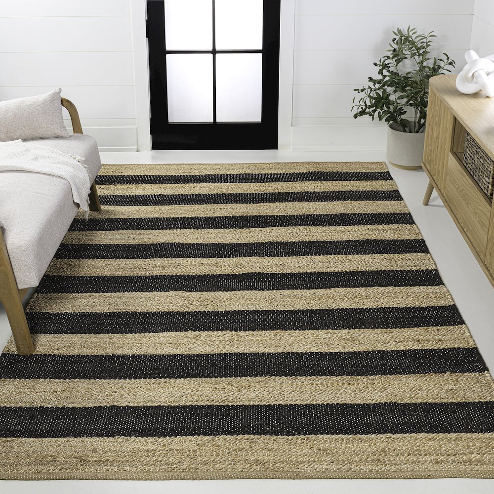 Jayden Rustic Farmhouse Woven Jute Stripe Natural/Black 5 ft. x 8 ft. Area Rug. Picture 2