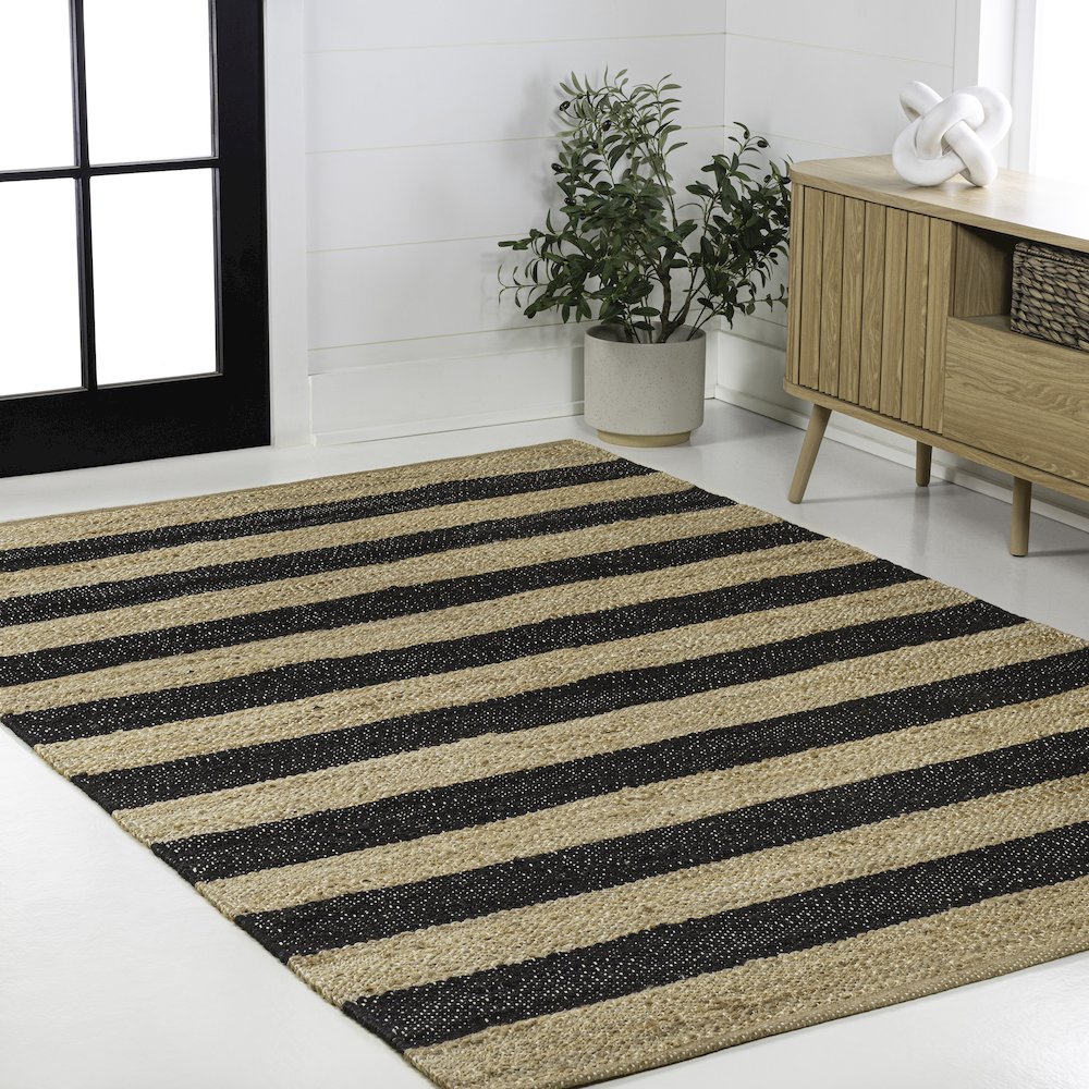 Jayden Rustic Farmhouse Woven Jute Stripe Natural/Black 5 ft. x 8 ft. Area Rug. Picture 3