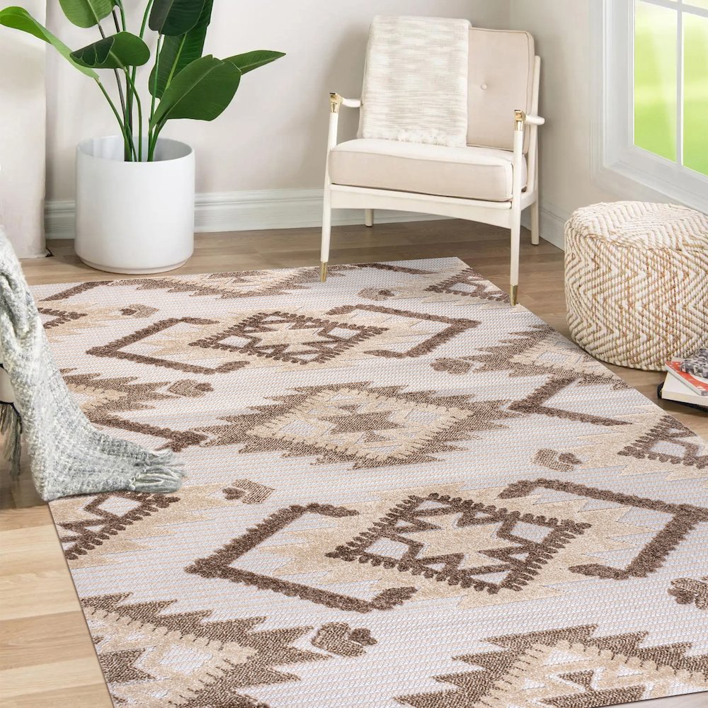 Sumak High-Low Pile Neutral Diamond Kilim Area Rug. Picture 14