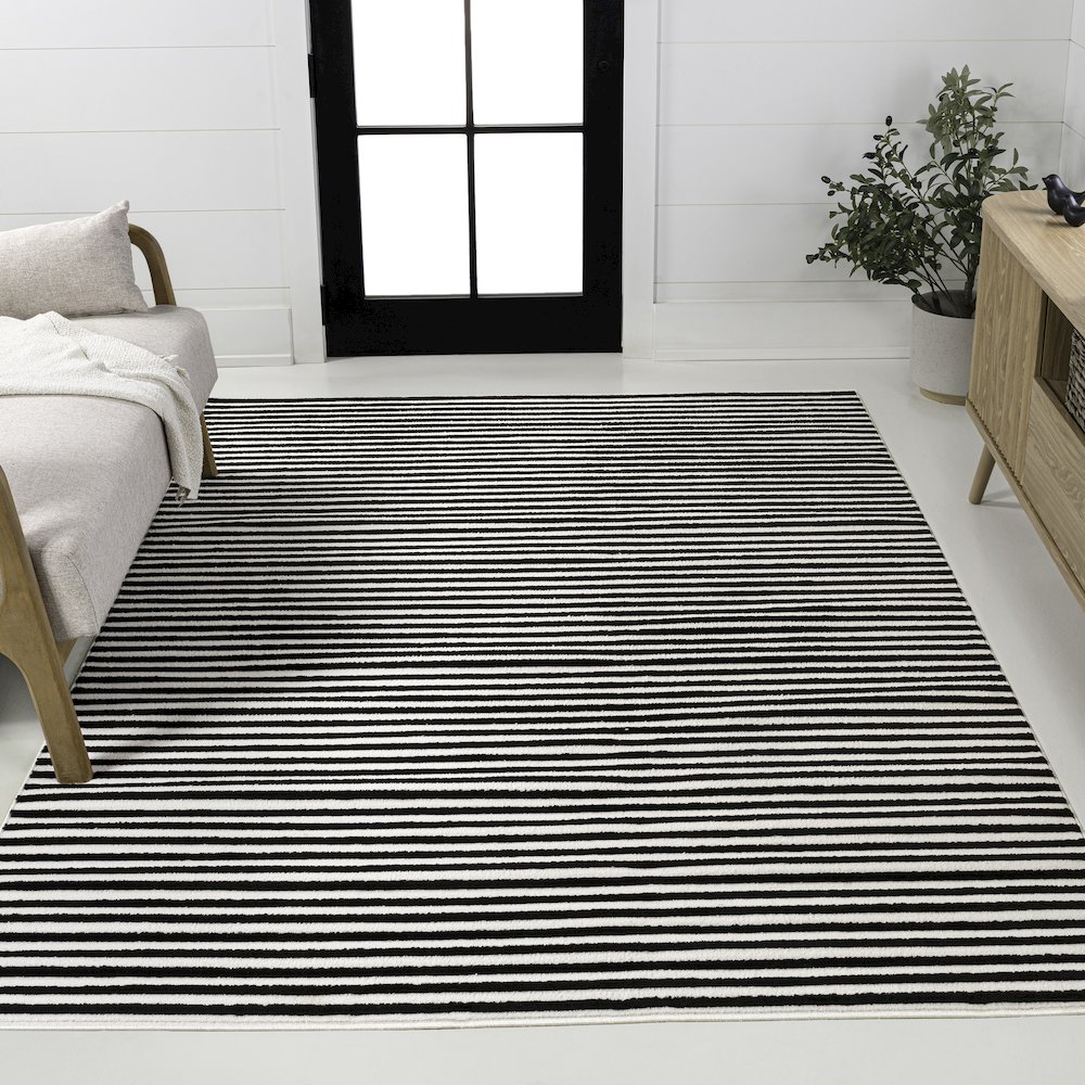 Aarhus High-Low Minimalist Scandi Striped Black/White 4 ft. x 6 ft. Area Rug. Picture 2