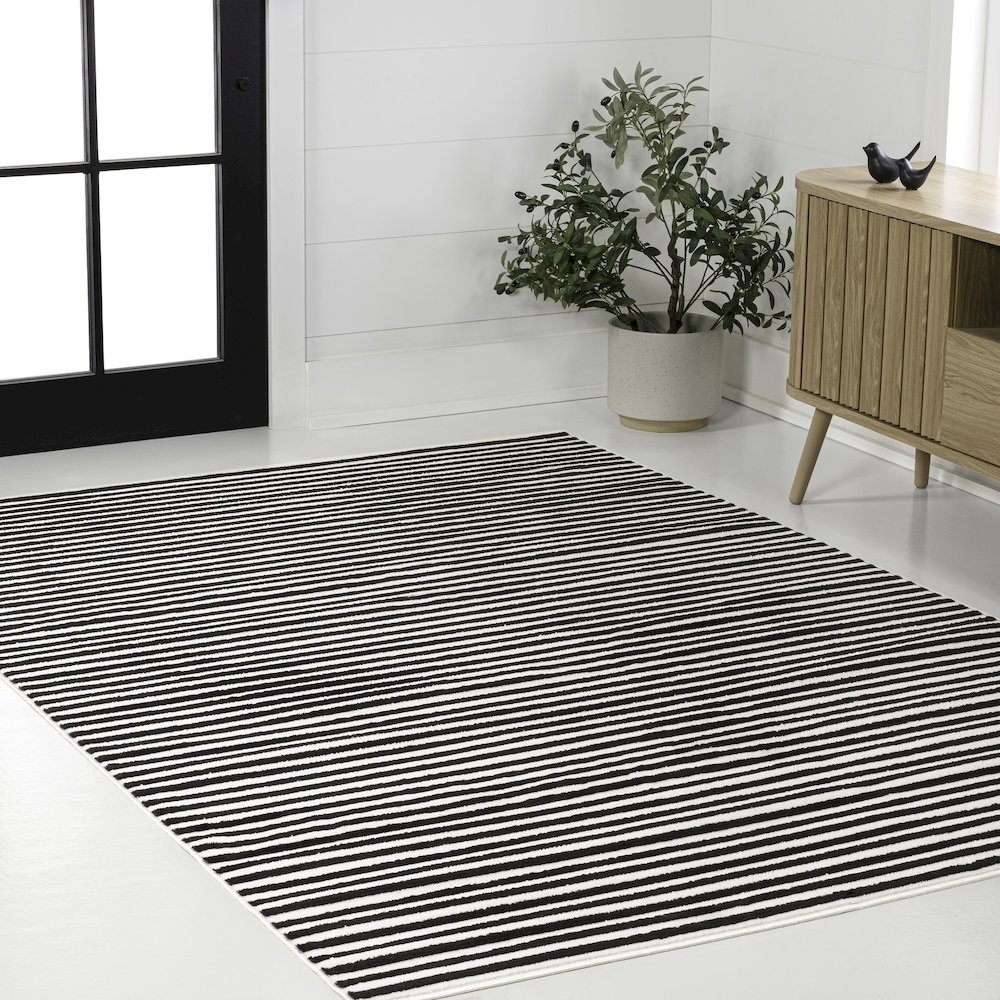 Aarhus High-Low Minimalist Scandi Striped Black/White 4 ft. x 6 ft. Area Rug. Picture 3