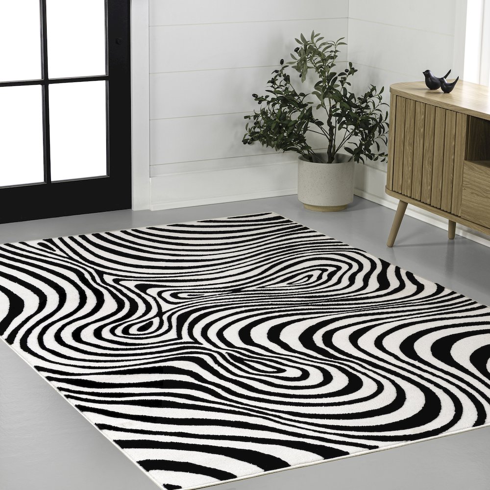Maribo High-Low Abstract Groovy Striped Black/White 4 ft. x 6 ft. Area Rug. Picture 3
