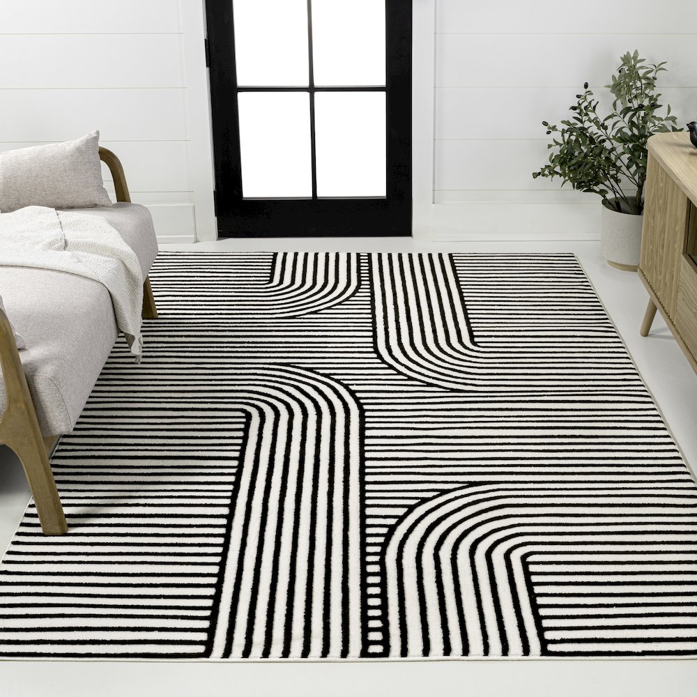 Anders MidCentury Modern Arch Stripe Two-Tone High-Low Black/White Area Rug. Picture 2