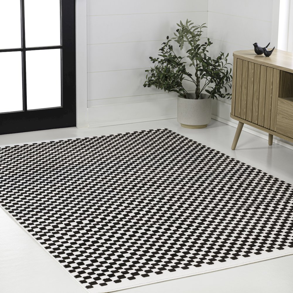 Finn High-Low Modern Minimalist Checkered Monotone Black/White Area Rug. Picture 3