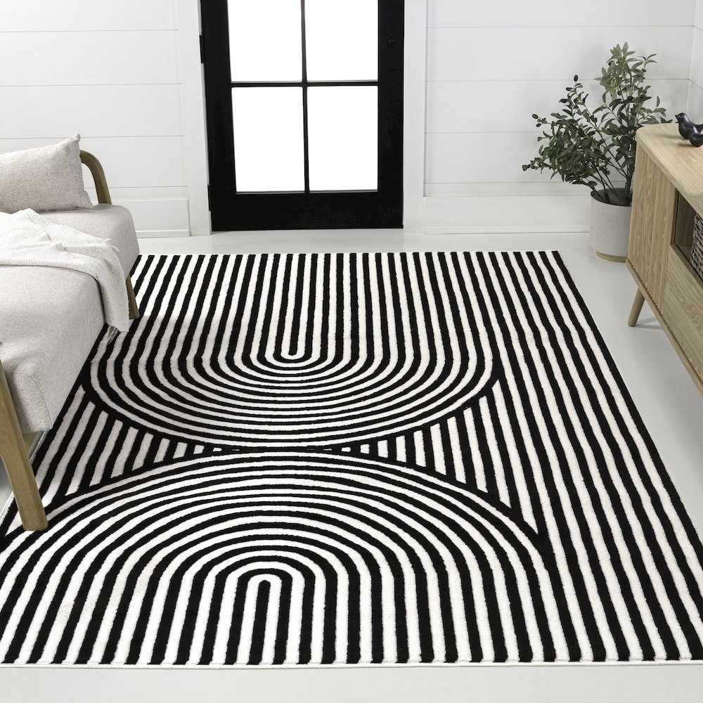 Sofia MidCentury Modern Arch Stripe Two-Tone High-Low Black/White Area Rug. Picture 2