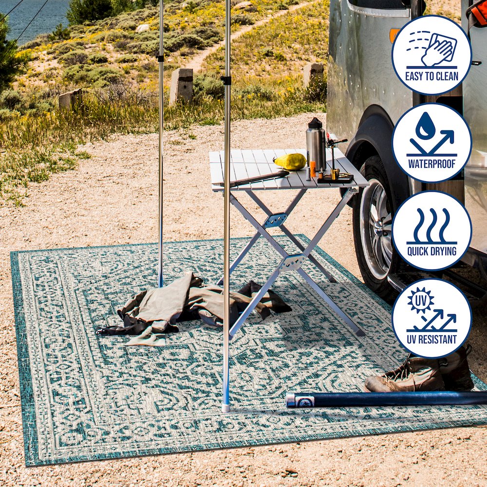 Sinjuri Medallion Textured Weave Indoor/Outdoor Area Rug. Picture 11