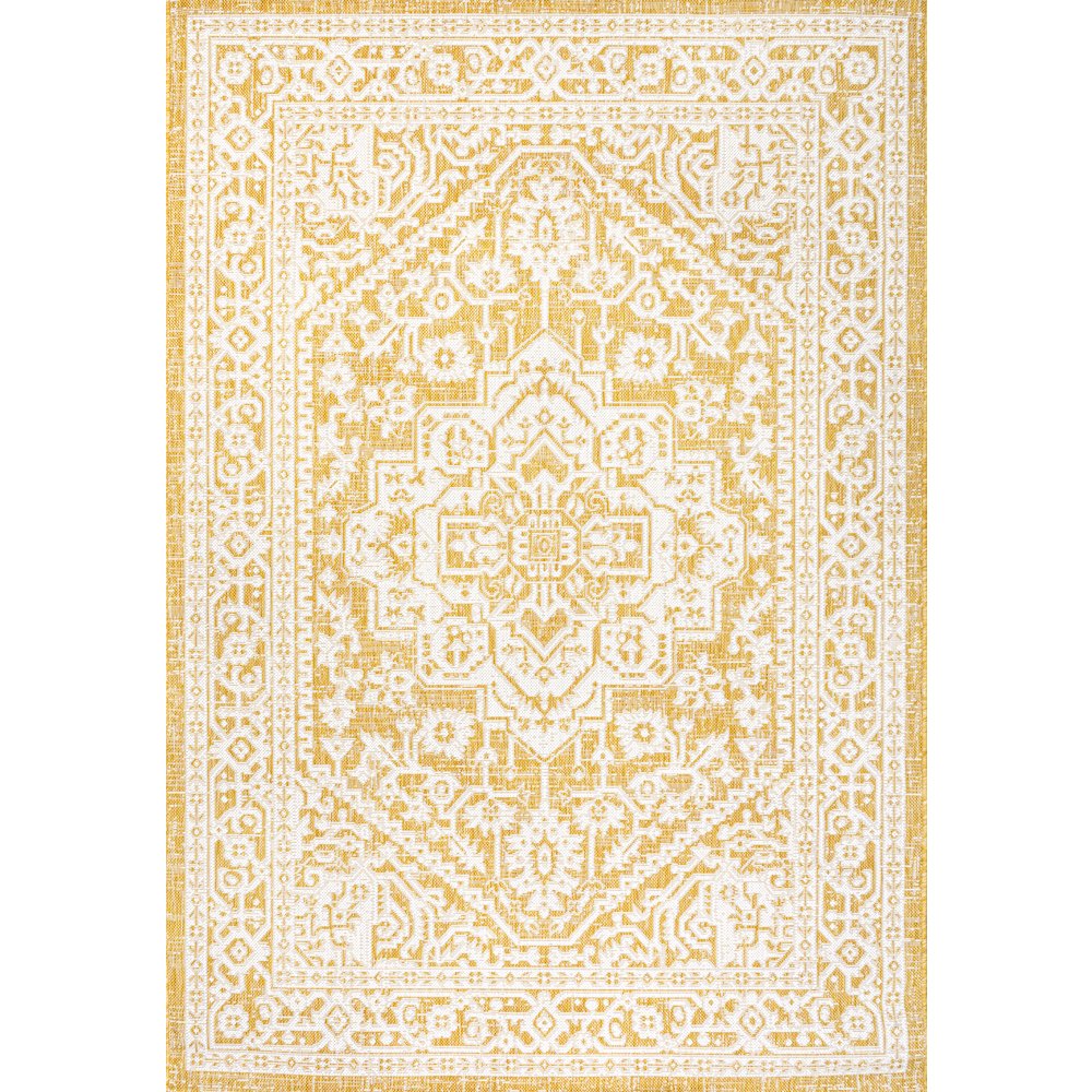 Sinjuri Medallion Textured Weave Indoor/Outdoor Area Rug. Picture 1