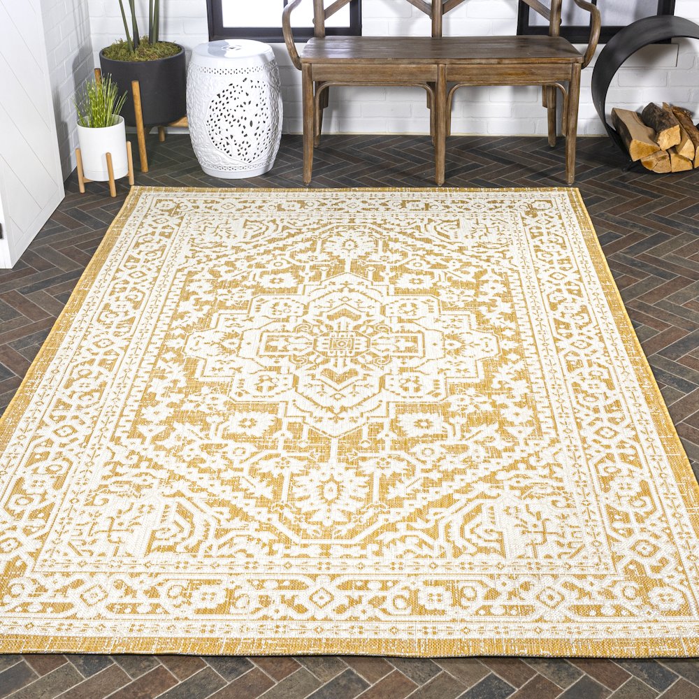 Sinjuri Medallion Textured Weave Indoor/Outdoor Area Rug. Picture 8