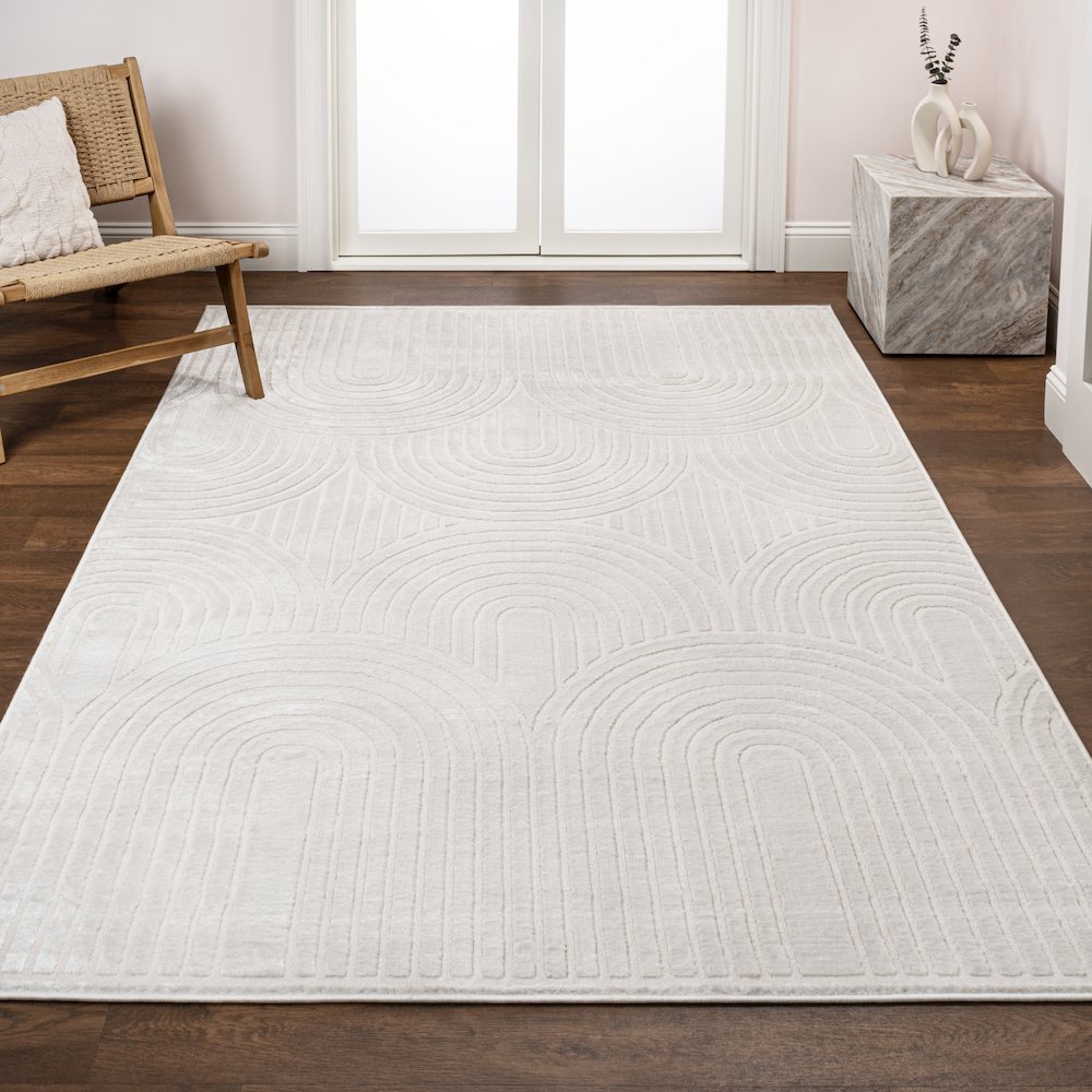 Ariana Midcentury Art Deco Striped Arches Two-Tone High-Low Area Rug. Picture 1