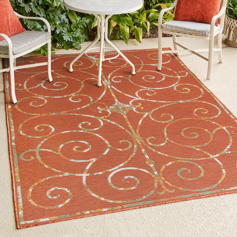 Cottage Filigree Scroll Reversible Machine-Washable Indoor/Outdoor Runner Rug. Picture 5