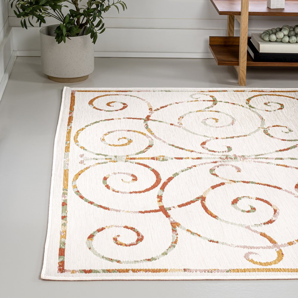 Cottage Filigree Scroll Reversible Machine-Washable Indoor/Outdoor Runner Rug. Picture 1