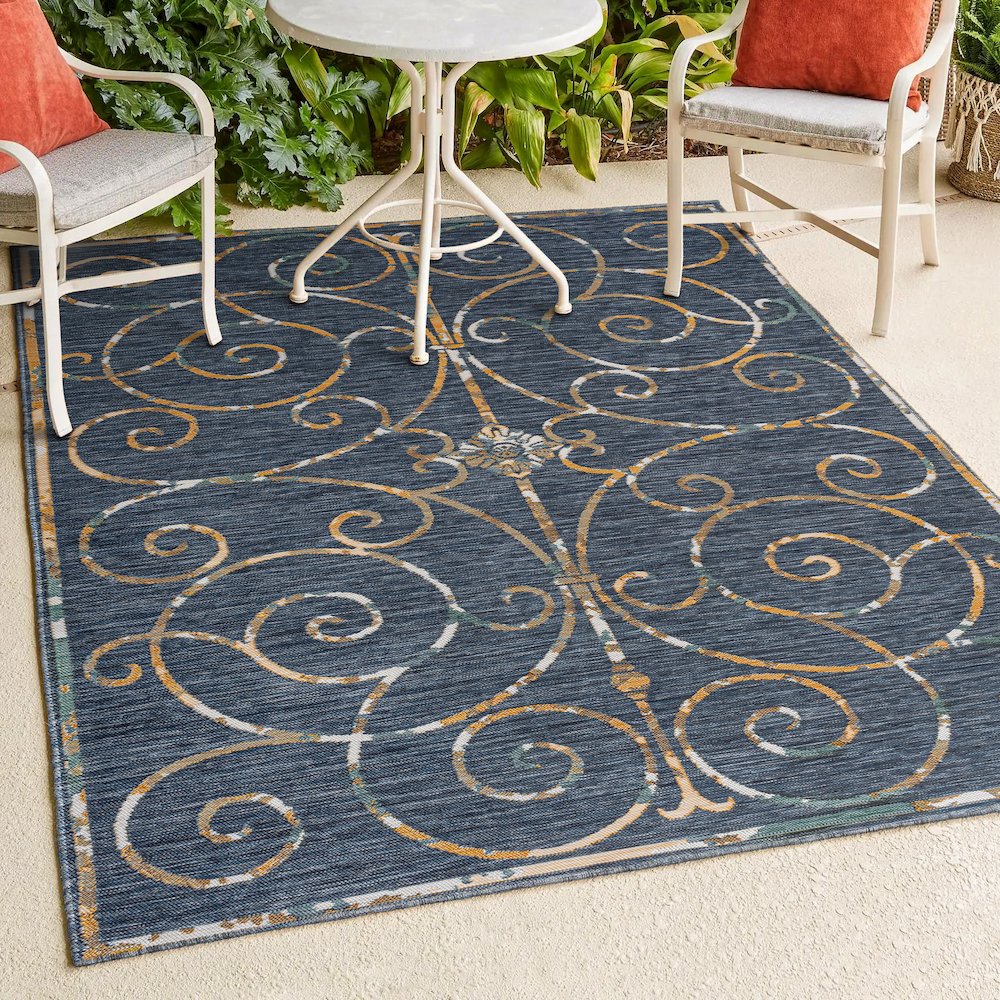 Cottage Filigree Scroll Reversible Machine-Washable Indoor/Outdoor Runner Rug. Picture 5