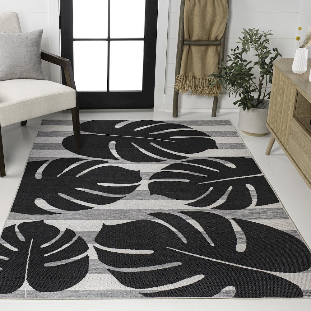 and Monstera Leaf Black/Gray 4 ft. x 6 ft. Indoor/Outdoor Area Rug. Picture 2