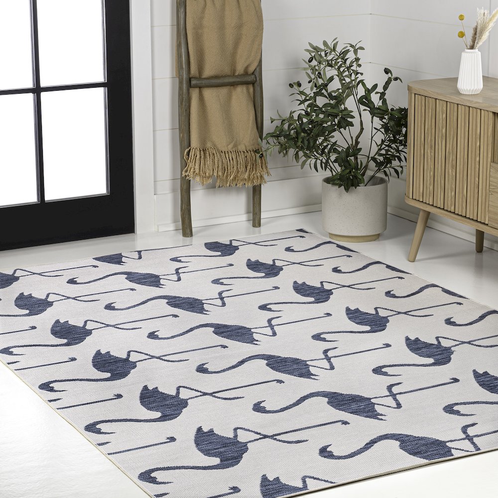 Flamingos Two-Tone White/Navy 5 ft. x 8 ft. Indoor/Outdoor Area Rug. Picture 3