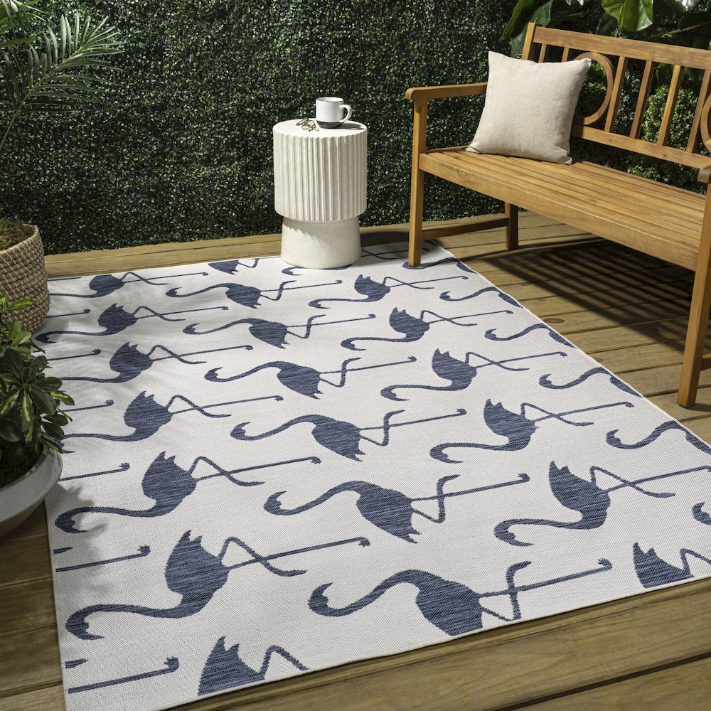 Flamingos Two-Tone White/Navy 5 ft. x 8 ft. Indoor/Outdoor Area Rug. Picture 4