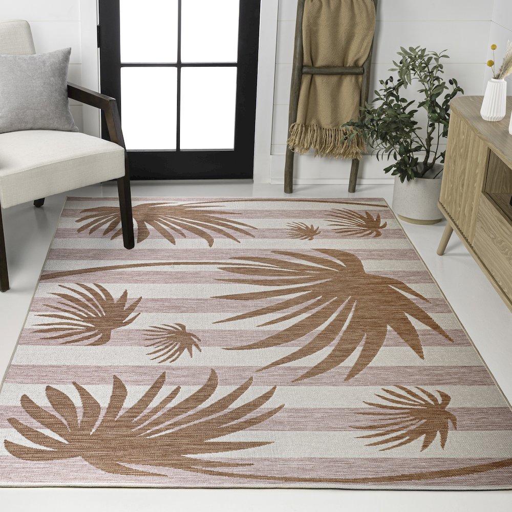 and Palm Leaf Pink/Cream 4 ft. x 6 ft. Indoor/Outdoor Area Rug. Picture 2
