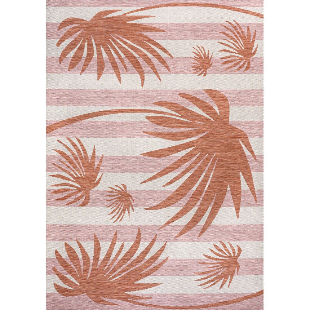 and Palm Leaf Pink/Cream 5 ft. x 8 ft. Indoor/Outdoor Area Rug. Picture 1