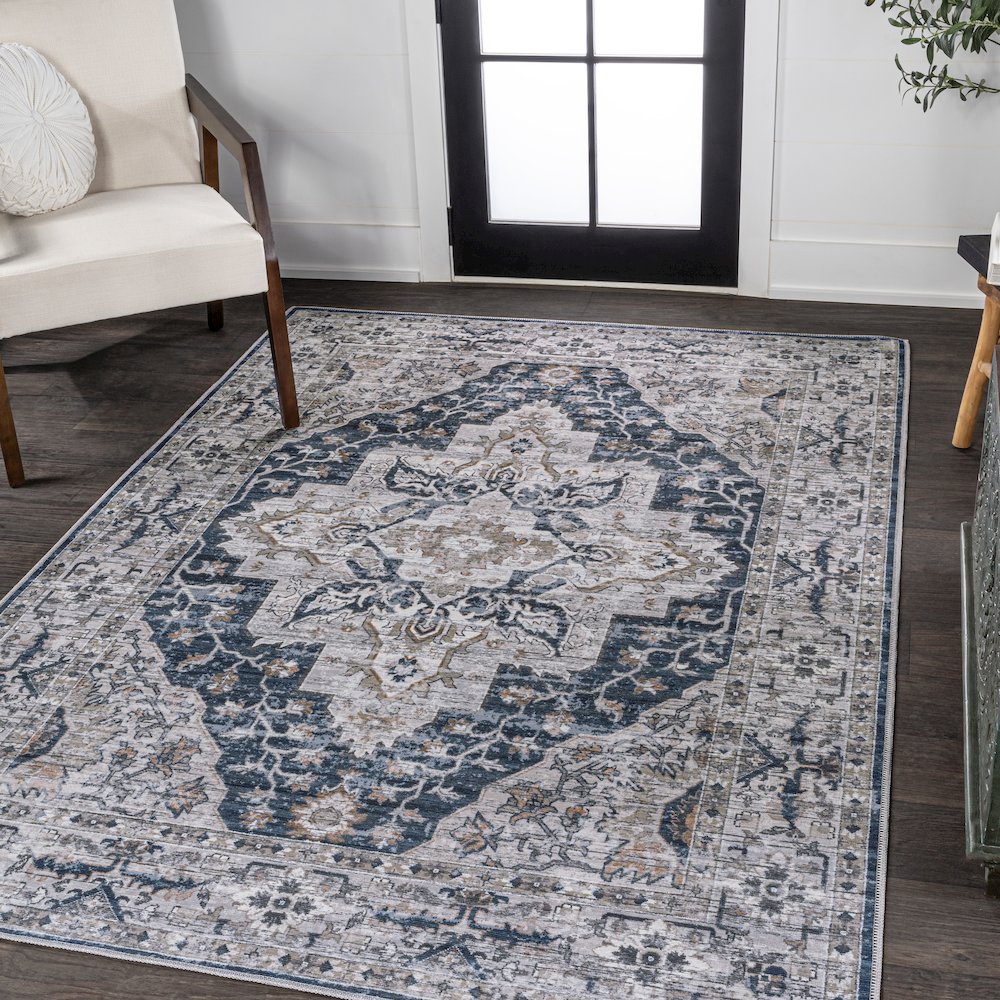 Didim Boho Gray Medallion Machine-Washable Area Rug. Picture 1