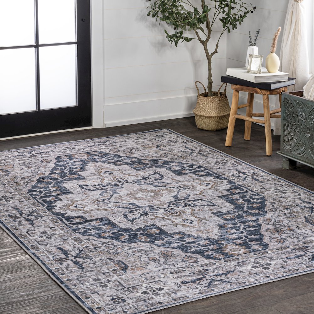 Didim Boho Gray Medallion Machine-Washable Area Rug. Picture 3