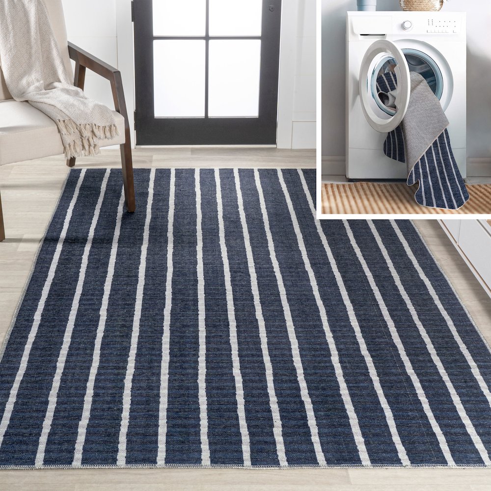Rand Distressed Ticking Stripe Machine Washable Area Rug. Picture 10