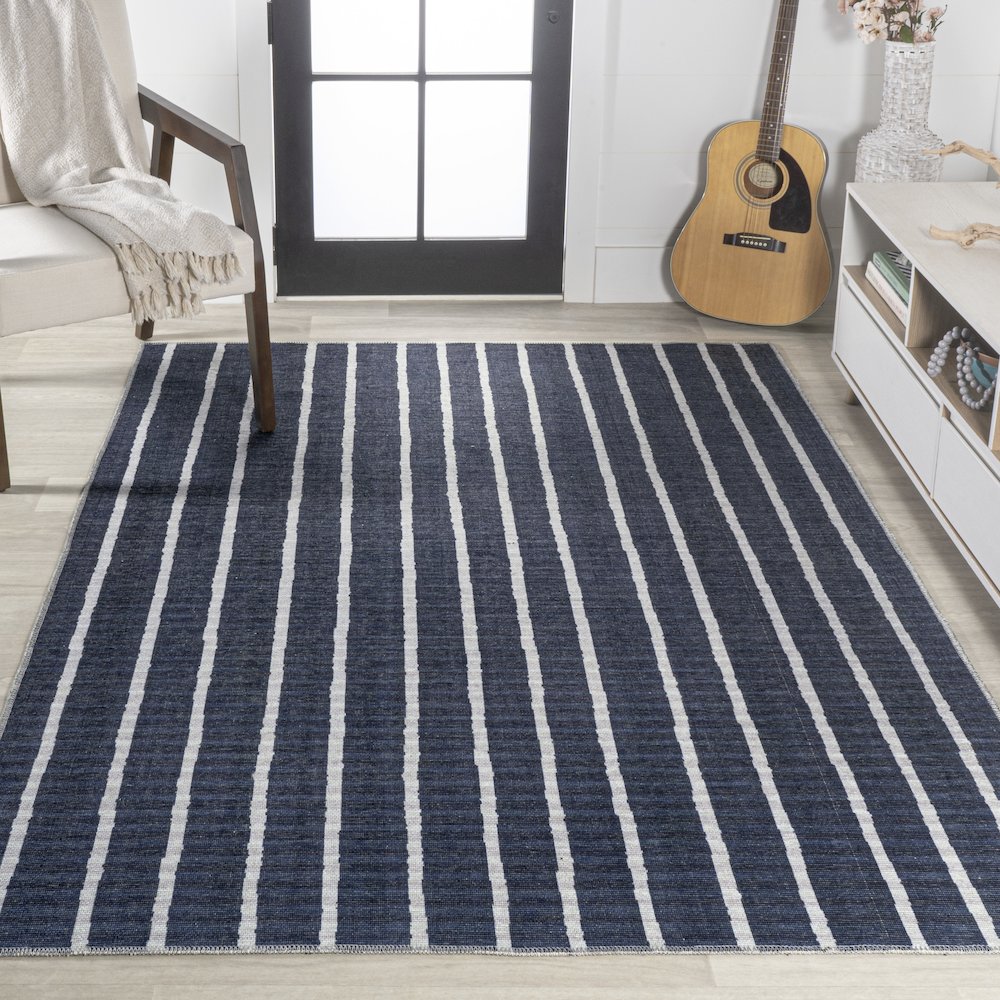 Rand Distressed Ticking Stripe Machine Washable Area Rug. Picture 4